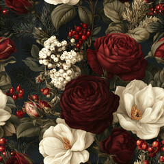 Obraz premium Seamless vintage Christmas bouquet with layered burgundy rose, white magnolia, red berries, and green leaves creating festive