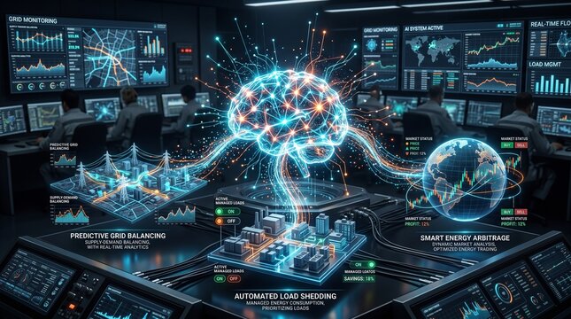 Artificial intelligence brain controlling smart city infrastructure and global financial data in a control room