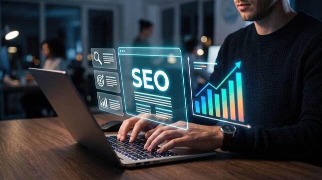 Professional working on laptop with SEO holographic display and analytics growth chart in modern office