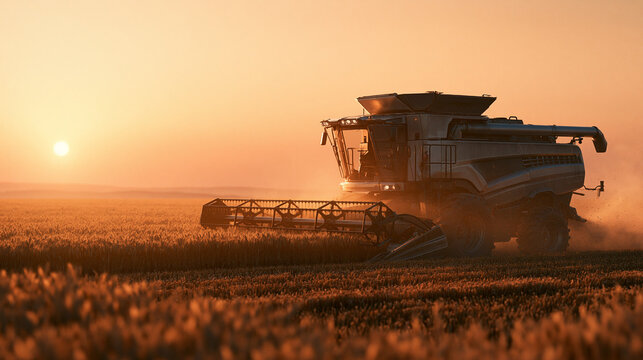 Industrial combine harvester working in wheat field during golden hour sunset.