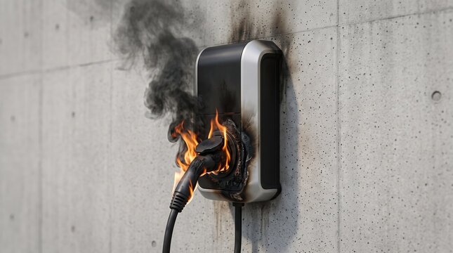 Smoking electrical outlet with burning plug and charging cable on concrete wall