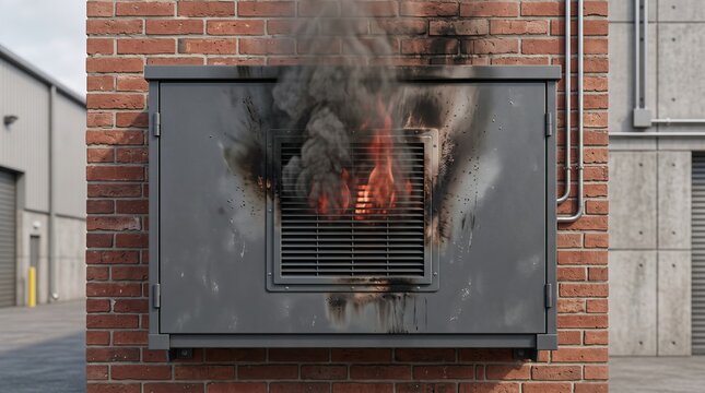 Smoking lithium battery storage cabinet on fire with flames and smoke escaping from vent in industrial setting