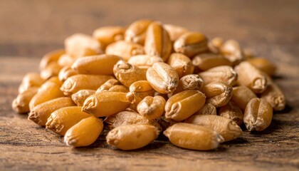 Fototapeta premium Macro of wheat grains on wooden table