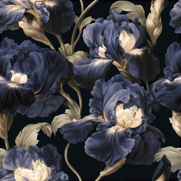 Vintage iris flower pattern with layered navy blue petals and beige leaves on black background, elegant and detailed design