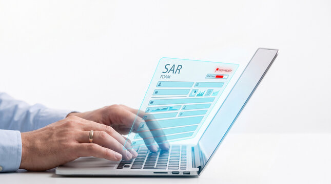 Professional compliance officer typing a Suspicious Activity Report SAR on a laptop computer representing modern RegTech solutions for financial crime prevention and regulatory compliance.