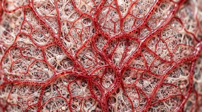 Microscopic view of a complex network of red blood vessels.