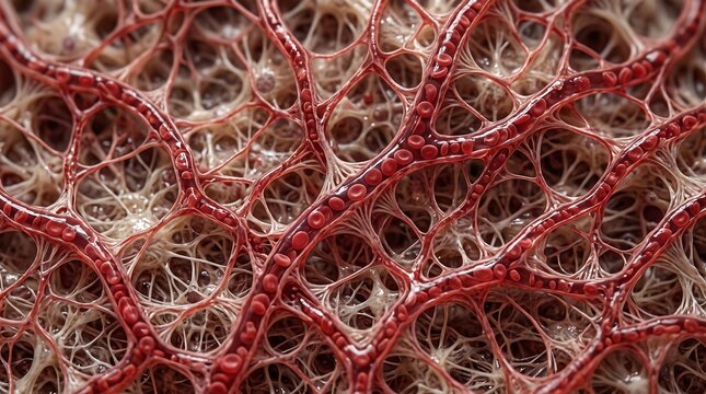 Macro view of intricate red vascular network structure.