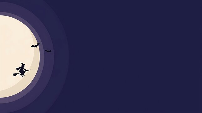 A silhouette of a witch flying on a broomstick across a large full moon in a dark night sky background