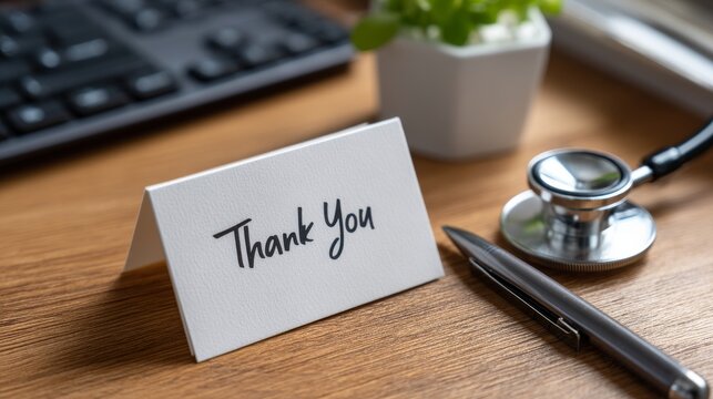 Thank You Note on Office Desk with Stethoscope Representing Healthcare Appreciation Gratitude Medical Service and Professional Care