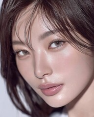 Fototapeta premium Close up beauty portrait of young woman with glowing natural skin