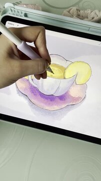 Female hand using white stylus to draw watercolor cup of tea with lemon on digital tablet screen against light home background, concept of modern digital illustration hobby