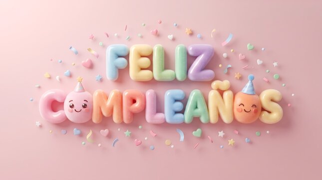 Pastel Pink Feliz Cumpleanos Text With Cute Cute Party Hat Decorations