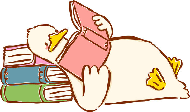 Silly Goose Bookish Reading a Book on Stack Books Cartoon Character Hand Drawn