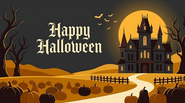 Spooky halloween scene with a haunted castle silhouetted against a full moon and pumpkin patch