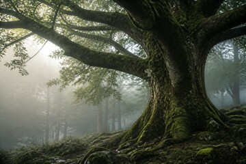 Fototapeta premium Ancient oak tree standing in misty forest clearing