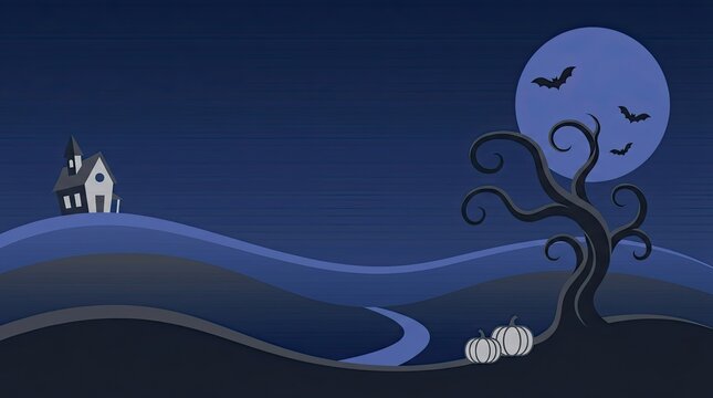 A spooky cartoon halloween landscape featuring a full moon a twisted tree and cute ghosts on a hill