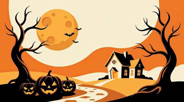 A spooky halloween landscape featuring a haunted house glowing jack o lanterns and a large full moon background