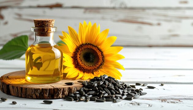Fresh sunflower seeds, blooming flower and bottle of oil arranged on white wooden table, premium food photography