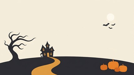 Spooky halloween landscape with a haunted house bare tree and a ghostly full moon in the sky