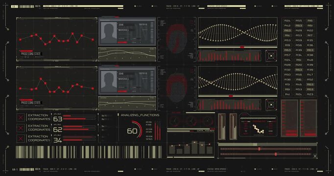 Futuristic digital interface displays animated DNA structures, graphs, profiles, charts and analytical data.