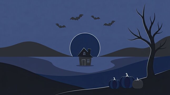 Spooky pixel art landscape featuring a glowing full moon and flying bats for a dark halloween night background
