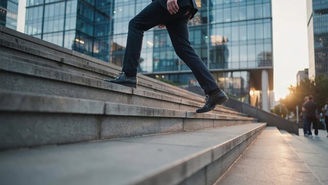 Businessman climbing concrete stairs outside modern office building.