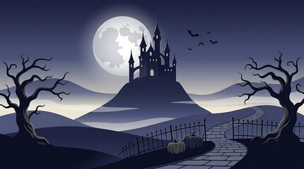 Spooky castle silhouetted against a full moon on a dark and eerie halloween night landscape © vector hunt