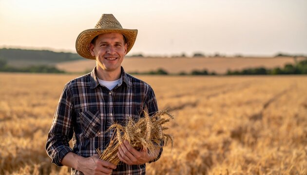 Farmer holding ripe wheat spikes in field