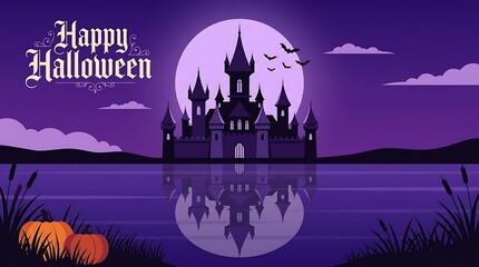 Spooky halloween scene with a silhouette of a castle reflected in a dark lake under a full moon © vector hunt