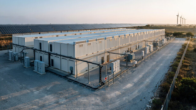 Industrial battery energy storage containers located at a solar power plant site facility.