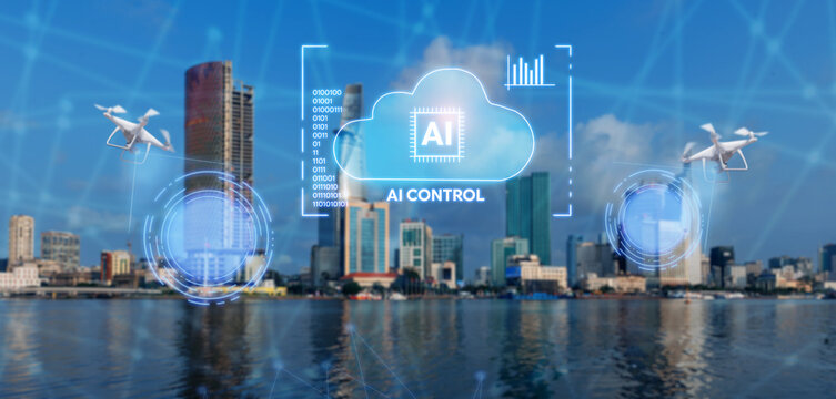 Aerial Ho chi minh city, Vietnam skyline with ai cloud control and surveillance drones for smart security