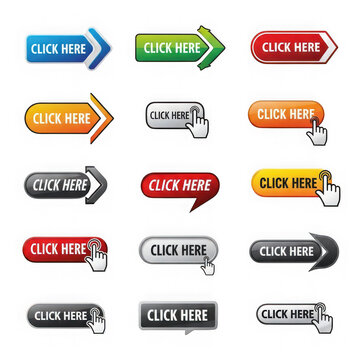 Set of colorful web buttons with click here text and arrow icons isolated on transparent background