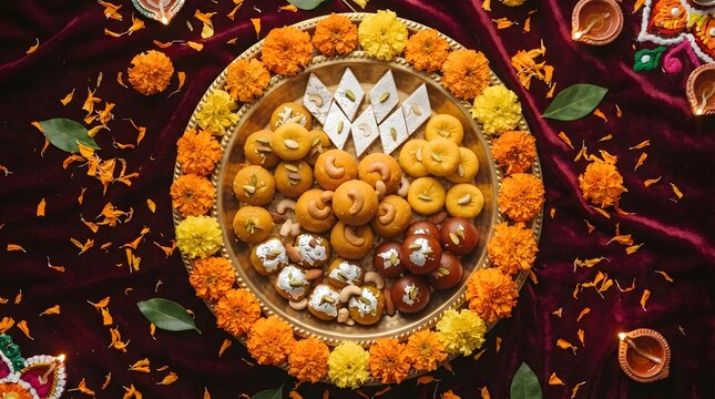 Top view of a brass plate filled with traditional indian sweets like kaju katli, ladoo, and gulab jamun, decorated with marigold flowers for diwali