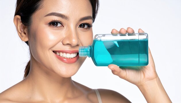 Woman using mouthwash after brushing teeth on white background