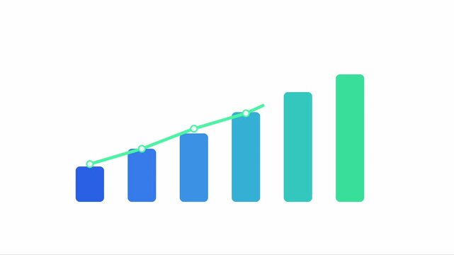 Animated business bar chart with rising green trend arrow and ascending colorful columns on white background, motion graphics concept for financial growth, data visualization and success.