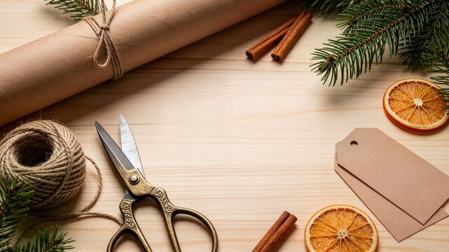 Kraft paper roll with brass scissors and dried orange slices on wooden background ideal for eco friendly gift wrapping tutorial