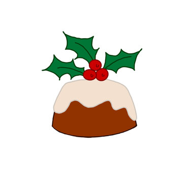 Cute hand drawn Christmas pudding with holly berries