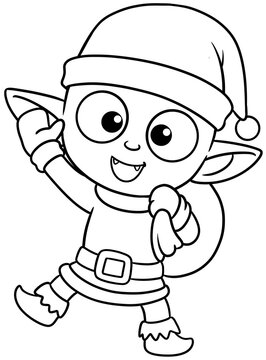 Happy Christmas elf boy waving and holding present bag black outline coloring page art.