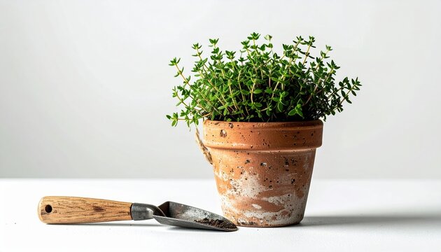 Fresh thyme in handcrafted clay pot with wooden gardening shovel beside it, minimal Scandinavian style, white background, commercial botanical photography