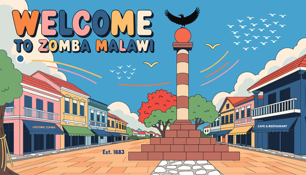Welcome to Zomba, Malawi - Vibrant Vintage Postcard Style Illustration of a Historic Town Square with Monument and Buildings