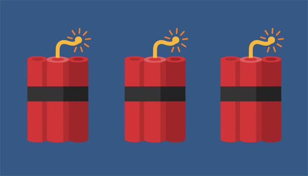 Three bundles of red dynamite sticks with lit fuses and sparks against a dark blue background for explosive concepts.