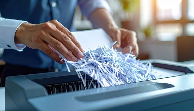 Closeup of hands putting papers into shredder machine, office workflow