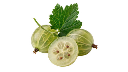 Two fresh green gooseberries with whole and sliced halves isolated on transparent background cut out © 1png-stock