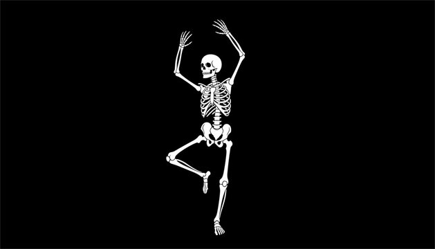 White human skeleton dancing in a dynamic pose against a solid black background for Halloween or anatomy themes.