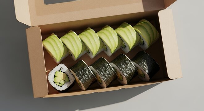 Sushi rolls in cardboard box fresh avocado and seaweed culinary dish