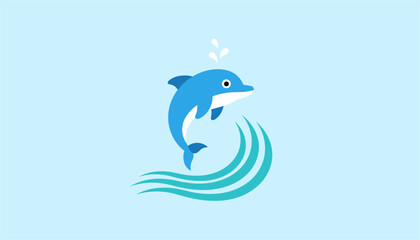 Naklejka premium Playful blue dolphin jumping through turquoise ocean waves, accompanied by water droplets in a clean, minimalist style.