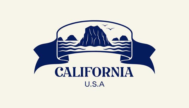 California Coastline Emblem - Vintage Style Nautical Design with Ocean Waves and Rocky Islands