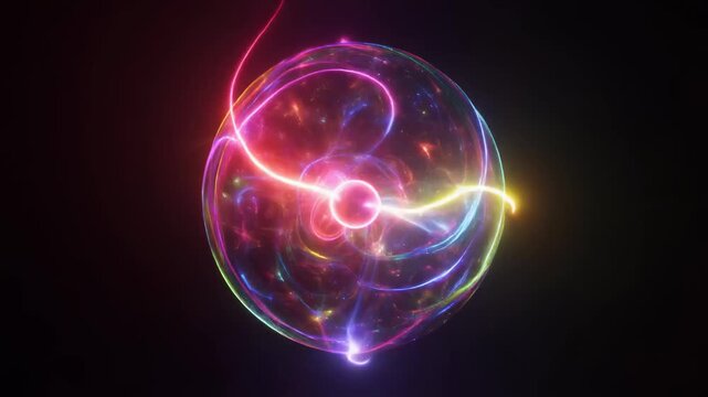 scene of a glowing plasma orb on a dark backdrop. Vibrant energy filaments twis