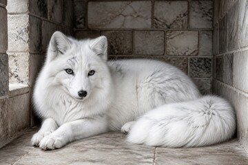 Naklejka premium White arctic fox lying in tiled alcove beside stone wall