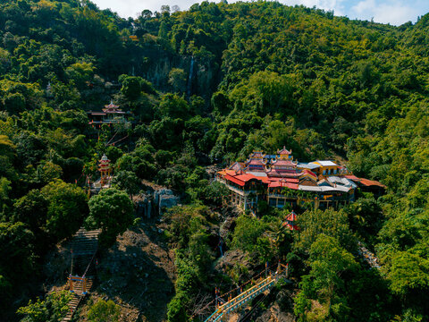 Aerial view Suoi Do Pagoda in Nha Trang Vietnam with sunlight.